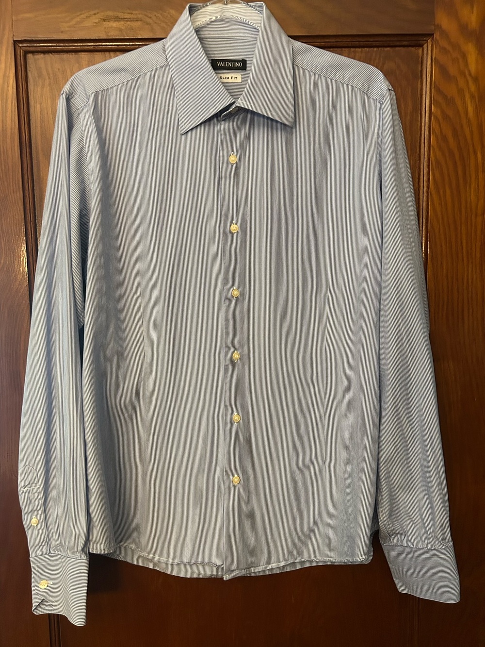 Valentino Slim Fit Mens Blue Striped Button Down Dress Shirt Size 16